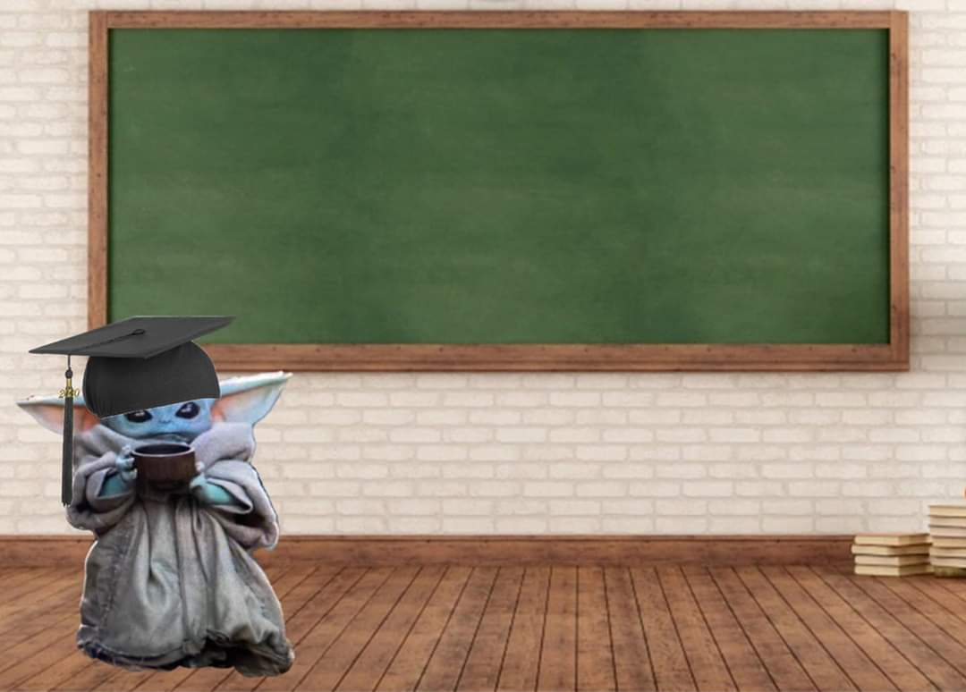 The meme is an image of a character from the Star Wars franchise, Grogu (also known as Baby Yoda), sitting at a desk wearing a graduation cap and holding a diploma. The text "I have a degree in the Force, but I still can't pay my student loans" appears above the image.